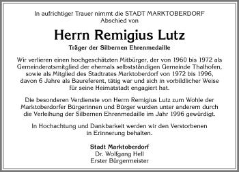 Traueranzeige von Remigius Lutz von Allgäuer Zeitung, Marktoberdorf