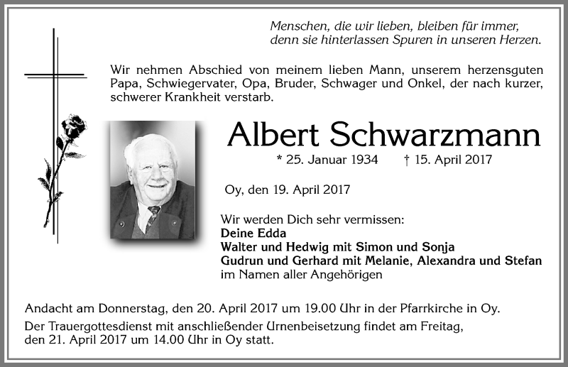  Traueranzeige für Albert Schwarzmann vom 19.04.2017 aus Allgäuer Zeitung,Kempten