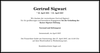 Traueranzeige von Gertrud Sigwart von Allgäuer Anzeigeblatt