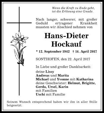 Traueranzeige von Hans-Dieter Hockauf von Allgäuer Anzeigeblatt