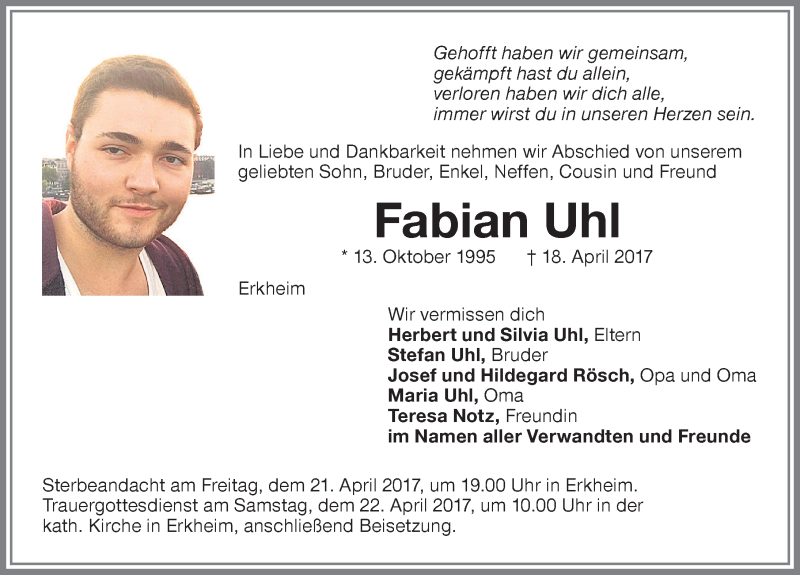  Traueranzeige für Fabian Uhl vom 20.04.2017 aus Memminger Zeitung