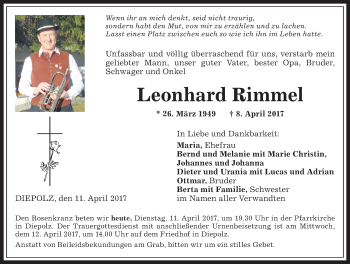 Traueranzeige von Leonhard Rimmel von Allgäuer Anzeigeblatt