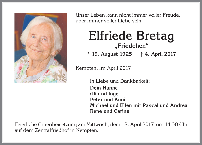  Traueranzeige für Elfriede Bretag vom 08.04.2017 aus Allgäuer Zeitung,Kempten