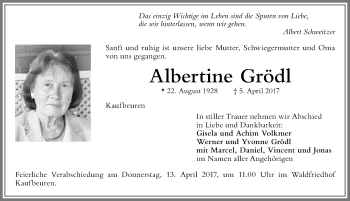 Traueranzeige von Albertine Grödl von Allgäuer Zeitung, Kaufbeuren/Buchloe