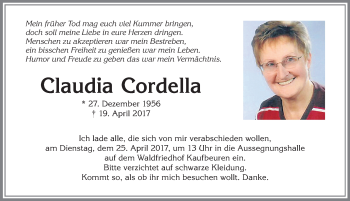 Traueranzeige von Claudia Cordella von Allgäuer Zeitung, Kaufbeuren/Buchloe
