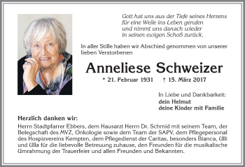 Traueranzeige von Anneliese Schweizer von Allgäuer Zeitung,Kempten