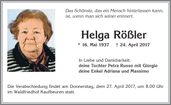 Traueranzeige von Helga Rößler von Allgäuer Zeitung, Kaufbeuren/Buchloe