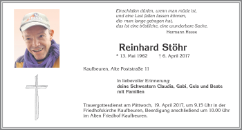 Traueranzeige von Reinhard Stöhr von Allgäuer Zeitung, Kaufbeuren/Buchloe