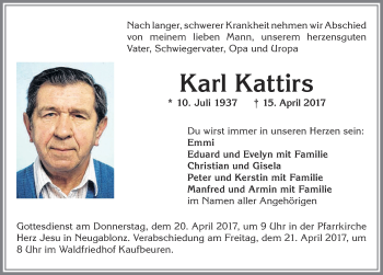 Traueranzeige von Karl Kattirs von Allgäuer Zeitung, Kaufbeuren/Buchloe