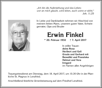 Traueranzeige von Erwin Finkel von Allgäuer Zeitung,Kempten