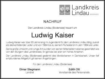 Traueranzeige von Ludwig Kaiser von Der Westallgäuer