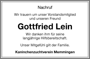 Traueranzeige von Gottfried Lein von Memminger Zeitung