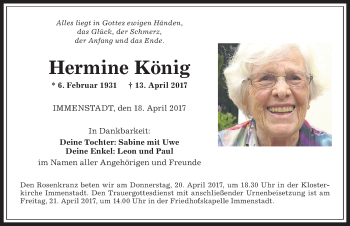 Traueranzeige von Hermine König von Allgäuer Anzeigeblatt