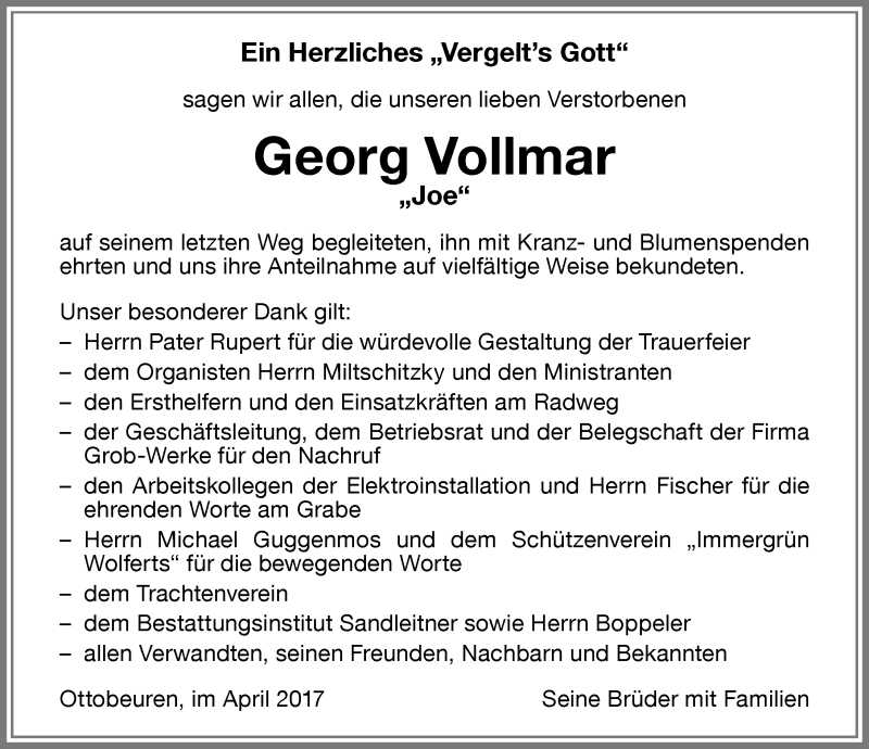  Traueranzeige für Georg Vollmar vom 10.04.2017 aus Memminger Zeitung