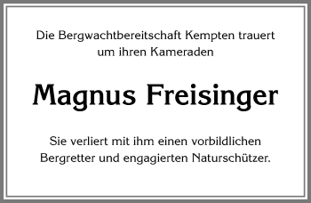 Traueranzeige von Magnus Freisinger von Allgäuer Zeitung,Kempten