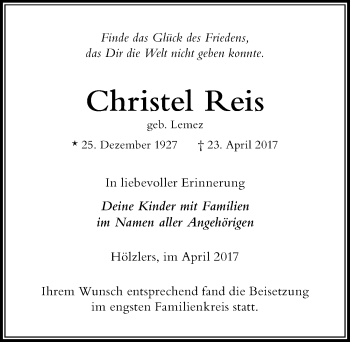 Traueranzeige von Christel Reis von Der Westallgäuer