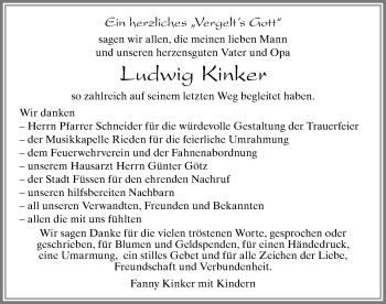 Traueranzeige von Ludwig Kinker von Allgäuer Zeitung, Füssen