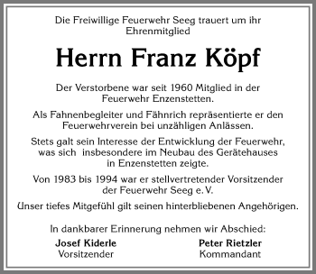 Traueranzeige von Franz Köpf von Allgäuer Zeitung, Füssen