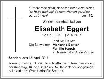 Traueranzeige von Elisabeth Eggart von Memminger Zeitung