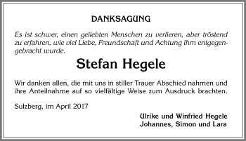 Traueranzeige von Stefan Hegele von Allgäuer Zeitung,Kempten