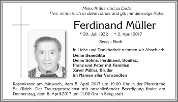 Traueranzeige von Ferdinand Müller von Allgäuer Zeitung, Füssen