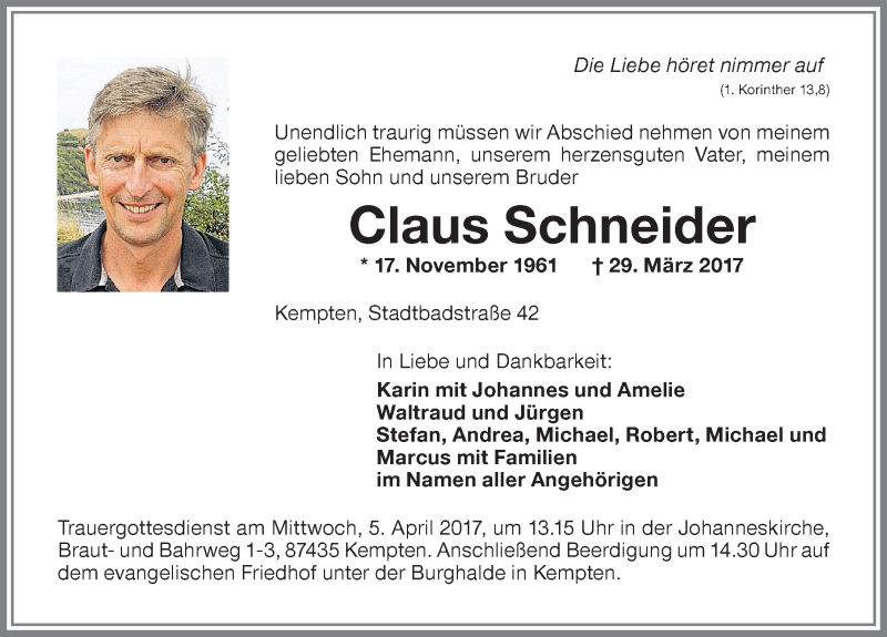  Traueranzeige für Claus Schneider vom 01.04.2017 aus Allgäuer Zeitung,Kempten