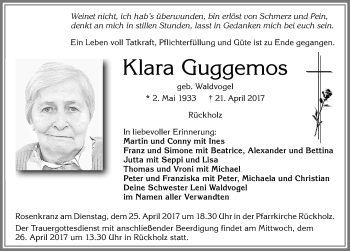 Traueranzeige von Klara Guggemoos von Allgäuer Zeitung, Füssen