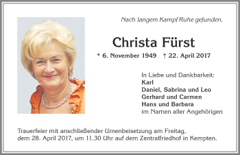 Traueranzeige von Christa Fürst von Allgäuer Zeitung,Kempten