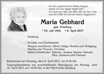 Traueranzeige von Maria Gebhard von Allgäuer Zeitung,Kempten