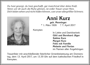Traueranzeige von Anni Kurz von Allgäuer Zeitung,Kempten