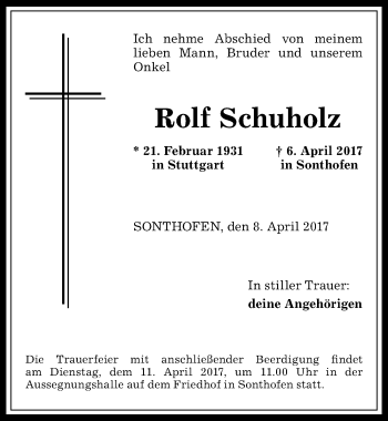 Traueranzeige von Rolf Schuholz von Allgäuer Anzeigeblatt