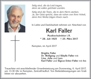 Traueranzeige von Karl Faller von Allgäuer Zeitung,Kempten