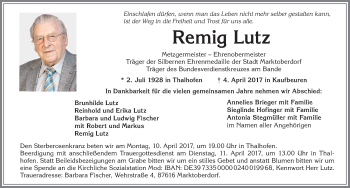 Traueranzeige von Remig Lutz von Allgäuer Zeitung, Marktoberdorf