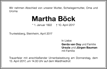Traueranzeige von Martha Böck von Memminger Zeitung