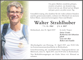 Traueranzeige von Walter Strahlhuber von Der Westallgäuer