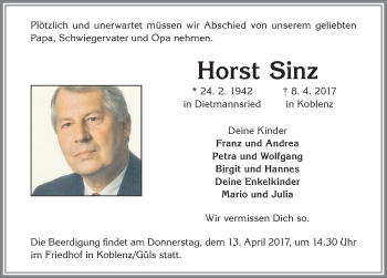 Traueranzeige von Horst Sinz von Allgäuer Zeitung,Kempten