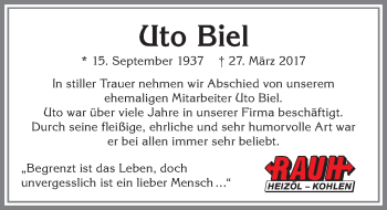 Traueranzeige von Uto Biel von Allgäuer Zeitung,Kempten