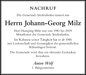 Traueranzeige von Johann-Georg Milz von Der Westallgäuer
