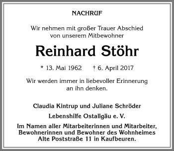 Traueranzeige von Reinhard Stöhr von Allgäuer Zeitung