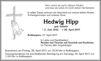 Traueranzeige von Hedwig Hipp von Allgäuer Zeitung, Füssen