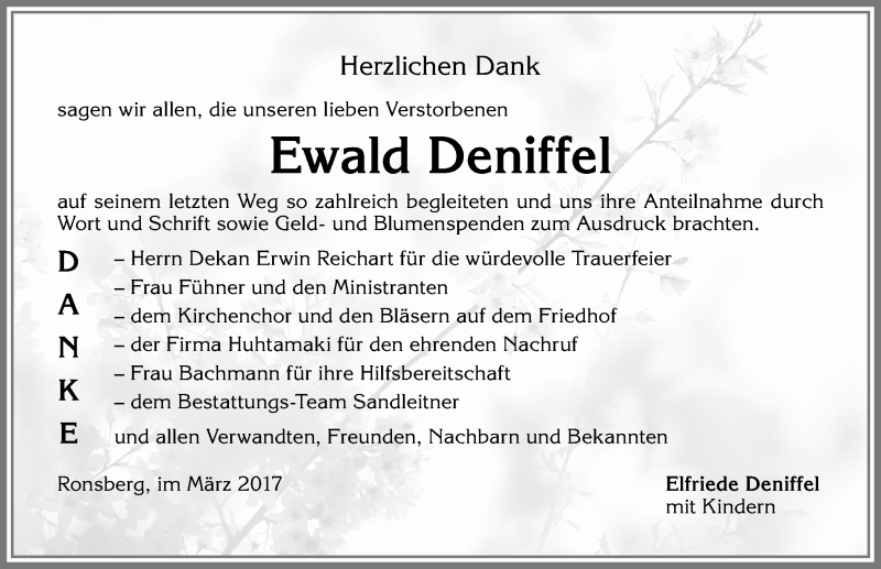 Traueranzeige für Ewald Deniffel vom 01.04.2017 aus Allgäuer Zeitung, Marktoberdorf