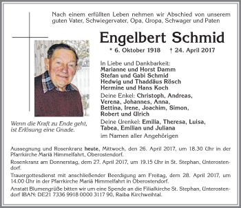 Traueranzeige von Engelbert Schmid von Allgäuer Zeitung, Kaufbeuren/Buchloe