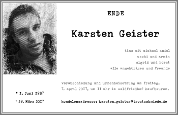 Traueranzeige von Karsten Geister von Allgäuer Zeitung, Kaufbeuren/Buchloe