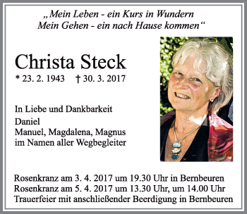 Traueranzeige von Christa Steck von Allgäuer Zeitung
