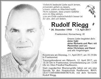 Traueranzeige von Rudolf Riegg von Allgäuer Zeitung, Kaufbeuren/Buchloe