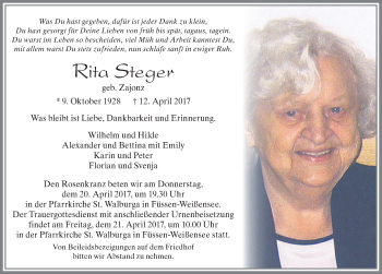 Traueranzeige von Rita Steger von Allgäuer Zeitung, Füssen