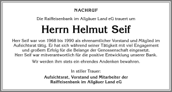 Traueranzeige von Helmut Seif von Allgäuer Zeitung,Kempten