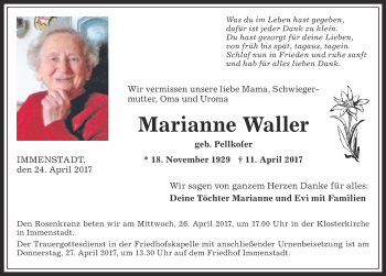 Traueranzeige von Marianne Waller von Allgäuer Anzeigeblatt