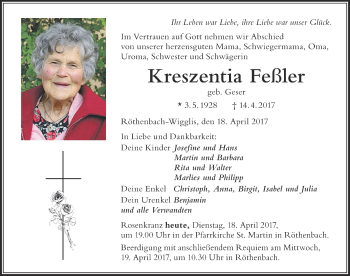 Traueranzeige von Kreszentia Feßler von Der Westallgäuer