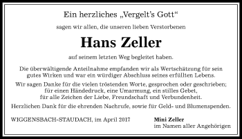 Traueranzeige von Hans Zeller von Allgäuer Anzeigeblatt